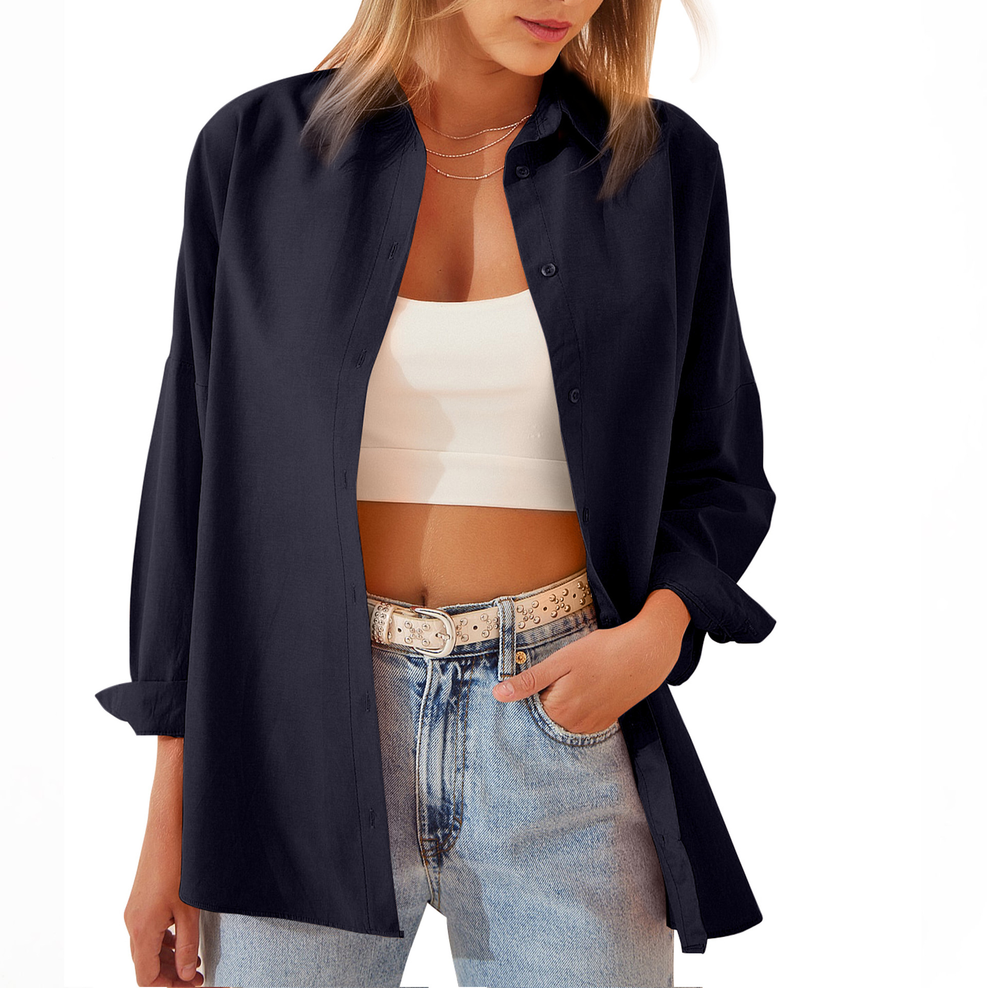 Women's Shirt Jacket Long Sleeve Blouse Button Down Tops Candy Color Shirt Navy Blue - Shop at LoveMi