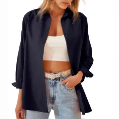 Women's Shirt Jacket Long Sleeve Blouse Button Down Tops Candy Colour Shirt - Navy - View 1