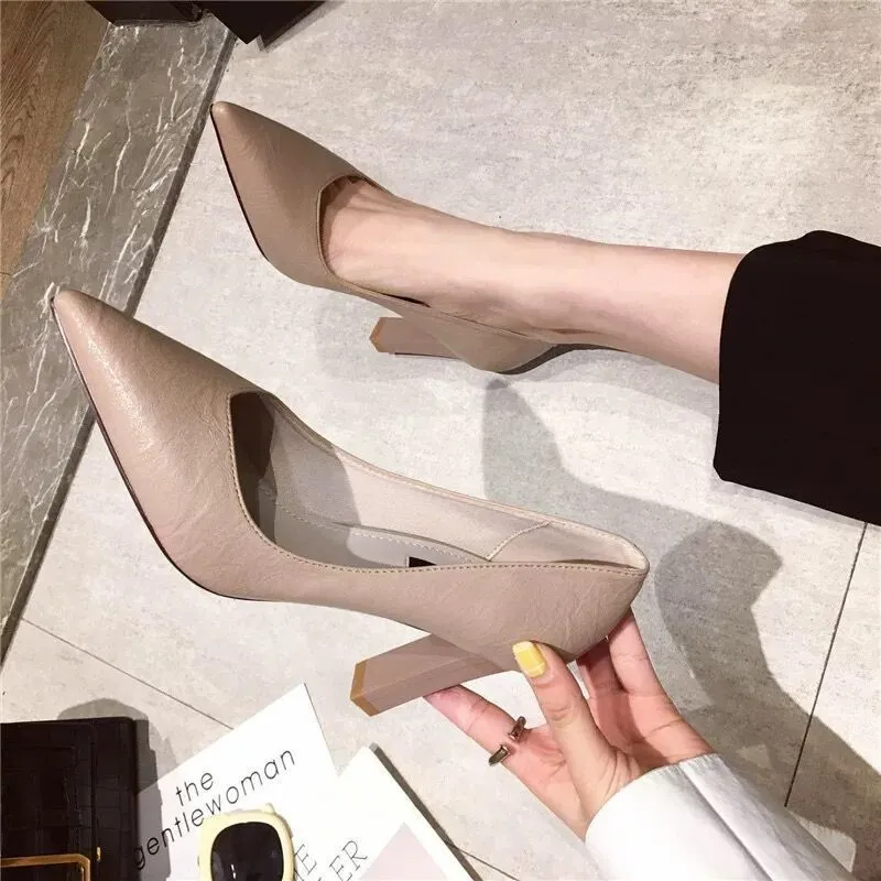 Spring And Autumn New Net Red French Black High Heels - Apricot