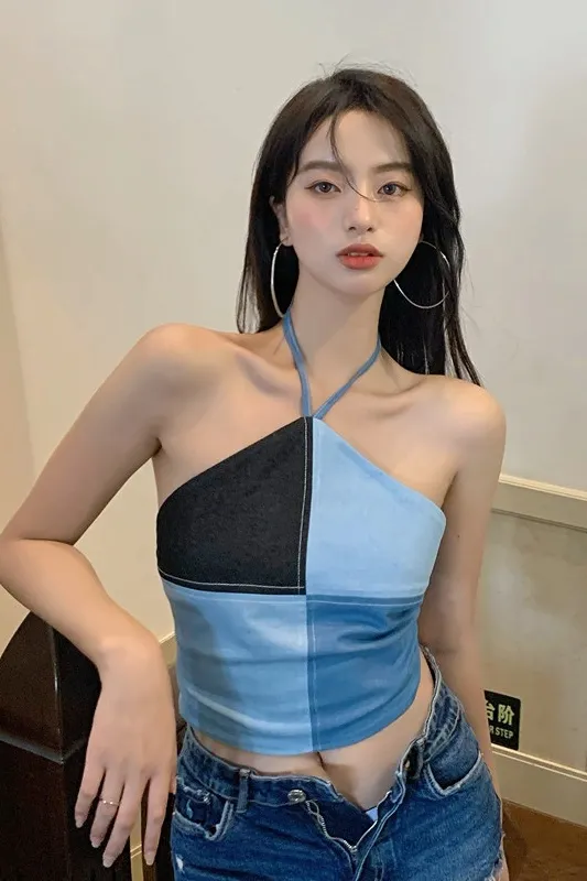 Top Halter neck Short Short Sling Beauty Vest Blue - Shop at LoveMi