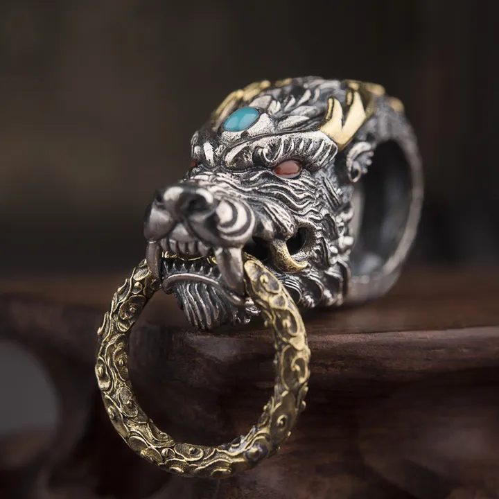 925 Sterling Silver Dragon Head Keychain, Retro