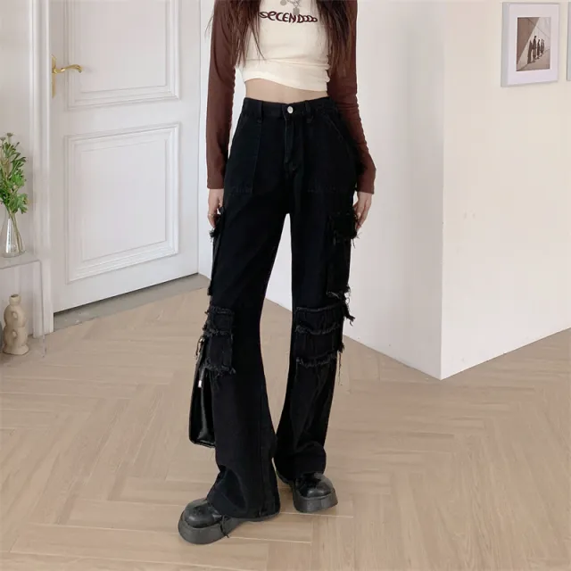 Cargo Jeans Women's Wide Leg Straight Leg Pants Black - Shop at LoveMi
