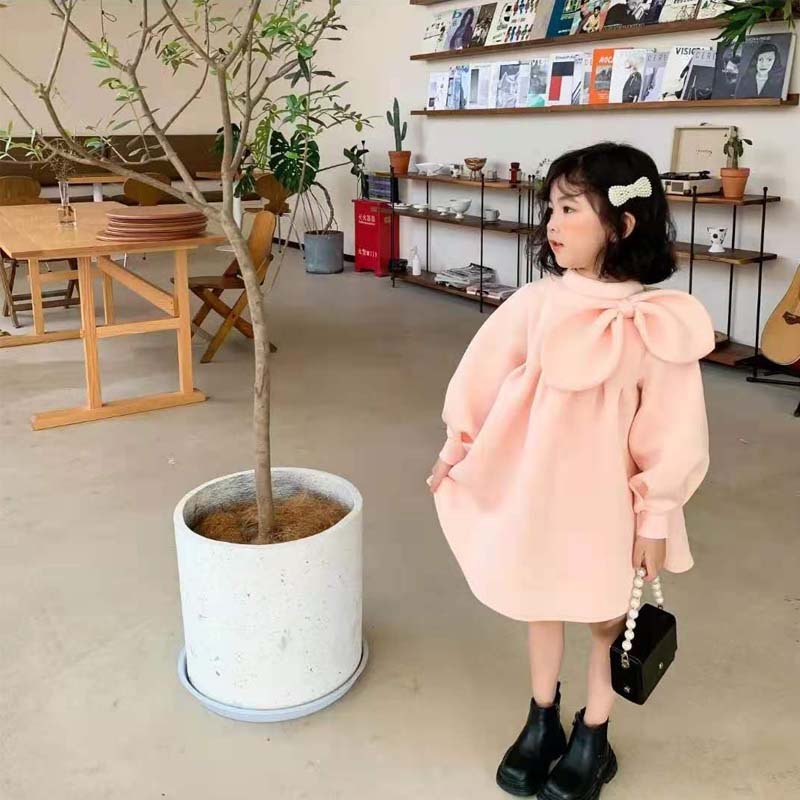 Girls' Solid Color Bow Long Sleeve Skirt