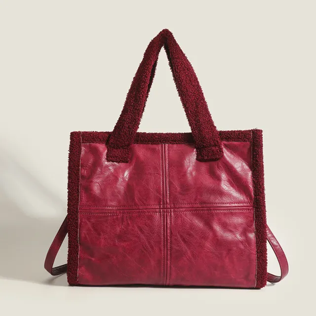 High capacity Tote Lamb Wool Premium Casual Handheld Splice Wool Bag Red - Shop at LoveMi