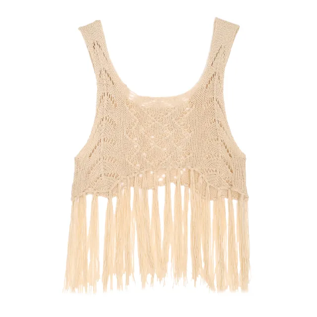 Bohemian Fringe Halter Top Hollowed out Knit Vest Apricot - Shop at LoveMi