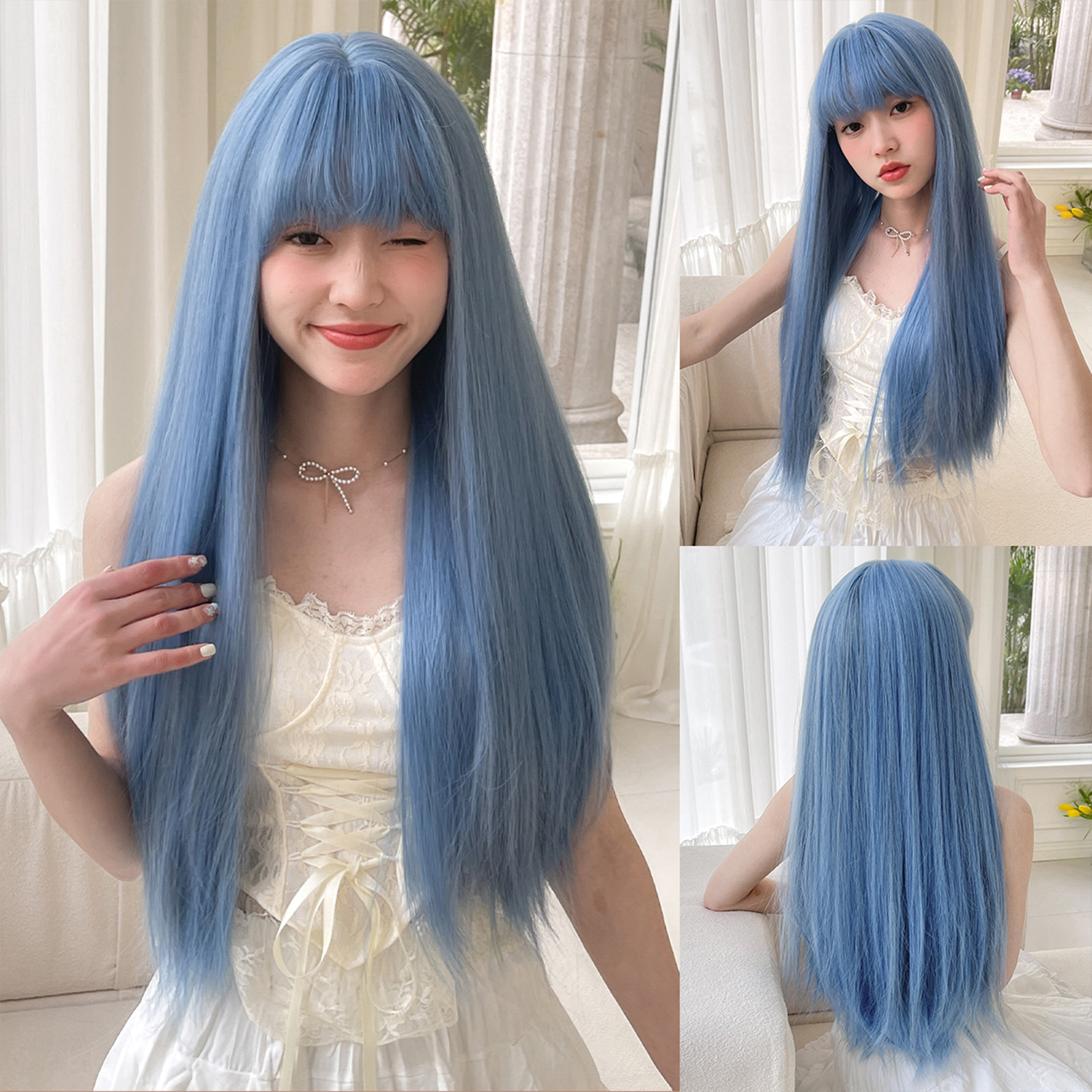 Title 3, Red bangs long straight hair wig for festivals,...