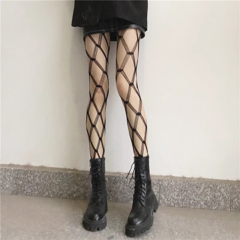 Women's Large Mesh Pantyhose, Thin Style For Summer, Trendy Black Stockings, JK Anti-snag, Sexy Hollow Grid Fishnet Socks