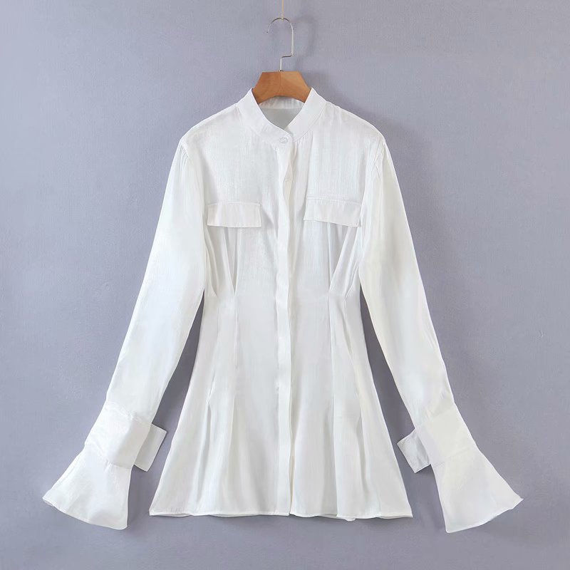 Ladies Pleated Waist Slimming Shirt Dress White - Shop at LoveMi