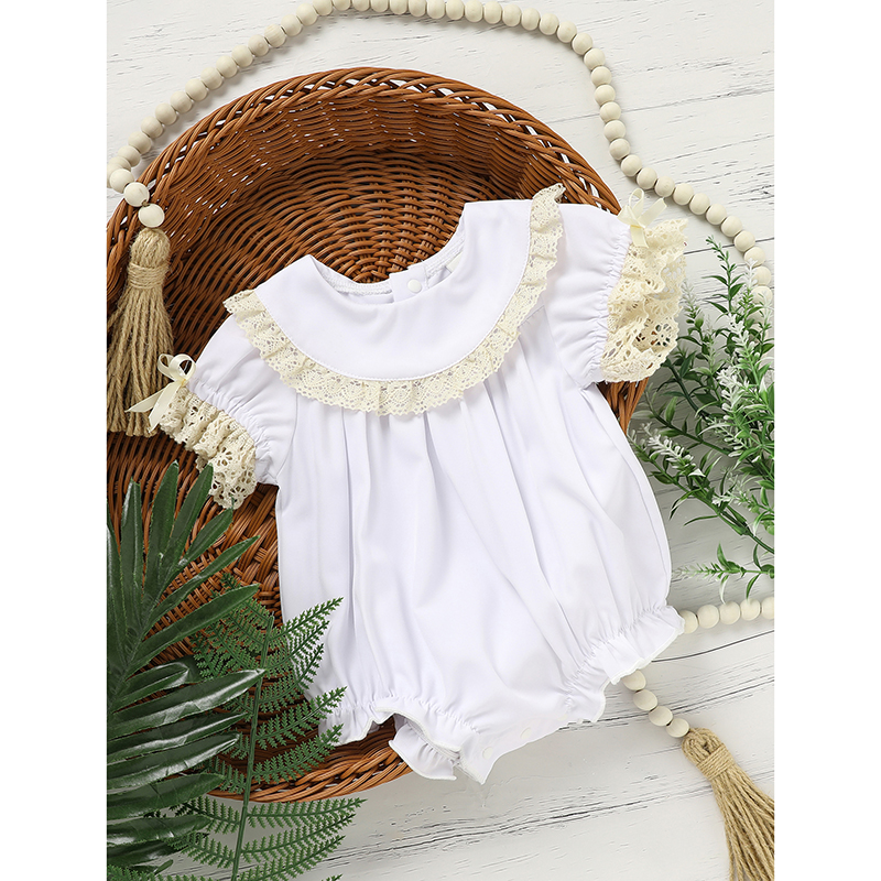 Baby Girl White Lace Romper Soft & Stylish Short Sleeve Bubble Jumpsuit For Wedding Season & Summer — foto 12