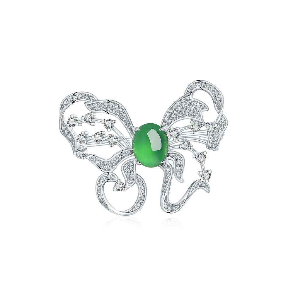 S925 Sterling Silver Butterfly Brooch, 8x10mm Green Chrysoprase Cabochon, Platinum Plated 6.7g, Elegant Women's Brooch Pin With Gift Box