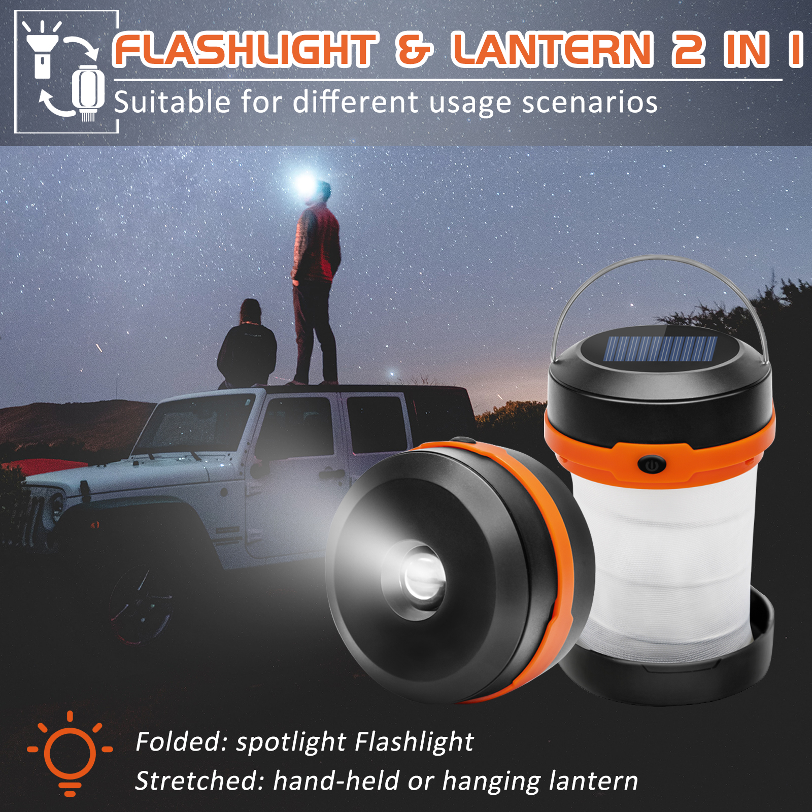 Wanjo Collapsible LED Solar Camping Lights With Free Multifunctional Whistle, Rechargeable Camping Lantern, Portable Outdoor Gear For Camping Travel Fishing