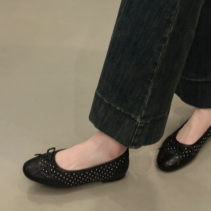 2026 Versatile Elegant Soft Sole Ballet Flats, French Retro Polka Dot Bow Round Toe Low Cut Low Chunky Heel Women Dress Shoes