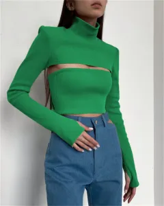 Hollow High-neck Ribbed Sweater Long-sleeved Tight-fitting Crop Top - Green - View 1