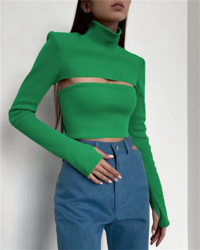 Hollow High neck Ribbed Sweater Long sleeved Tight fitting Crop Top Green - Shop at LoveMi
