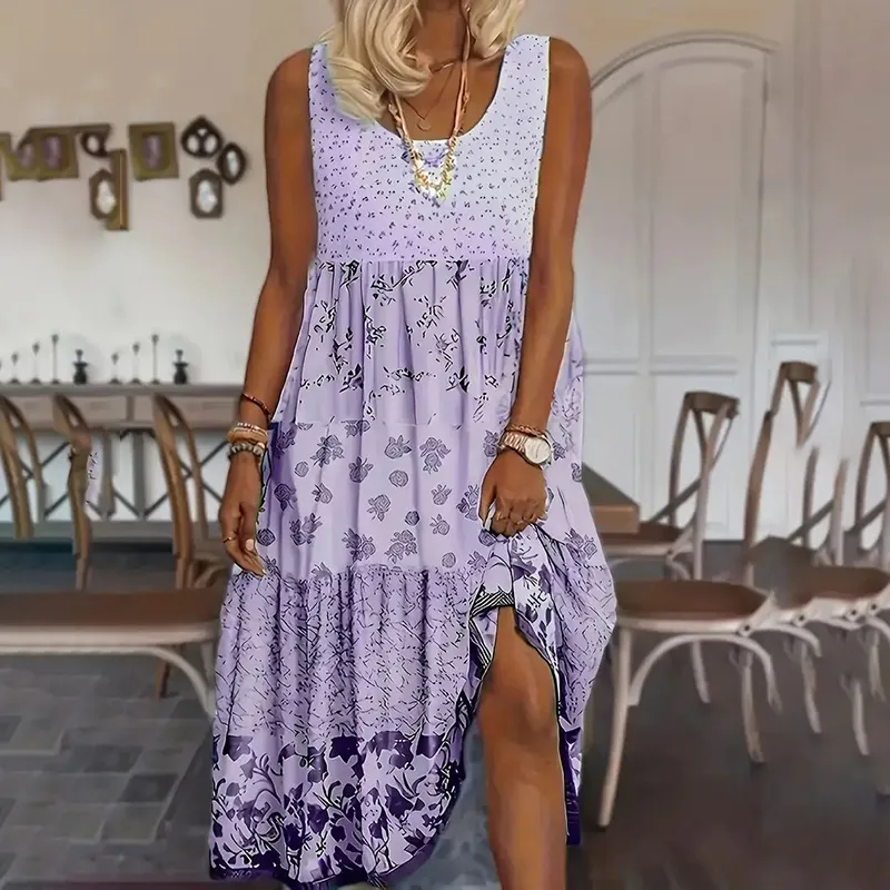 Women's Plus Size Boho Floral Dresses Sleeveless Tiered Pleated Swing Long Sundress