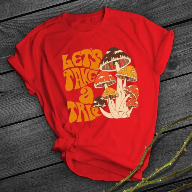 90's Funny Mushroom Print T shirt Casual Round Neck Short Sleeves Printed Pullover Women T shirt Red - Shop at LoveMi