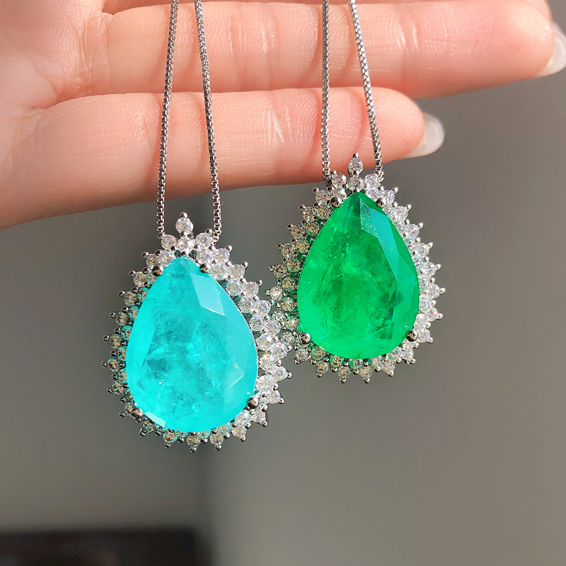 Light Luxury Water Drop Pendant Necklace For Women, Paraiba Tone Simulated Zirconia Clavicle Chain Full Pave Rhinestone Thin Chain Fashion Neck Jewelry — view 5