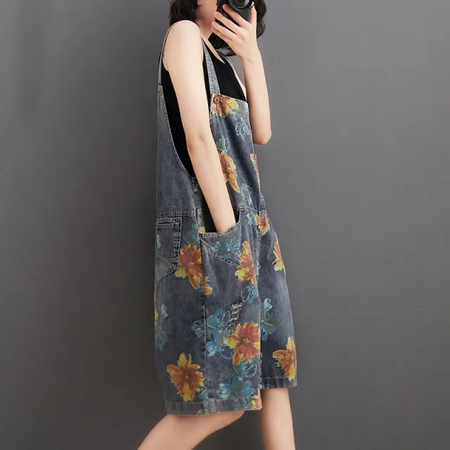 Casual Oversized Denim Printed And Washed Overalls For Women Blue - Shop at LoveMi