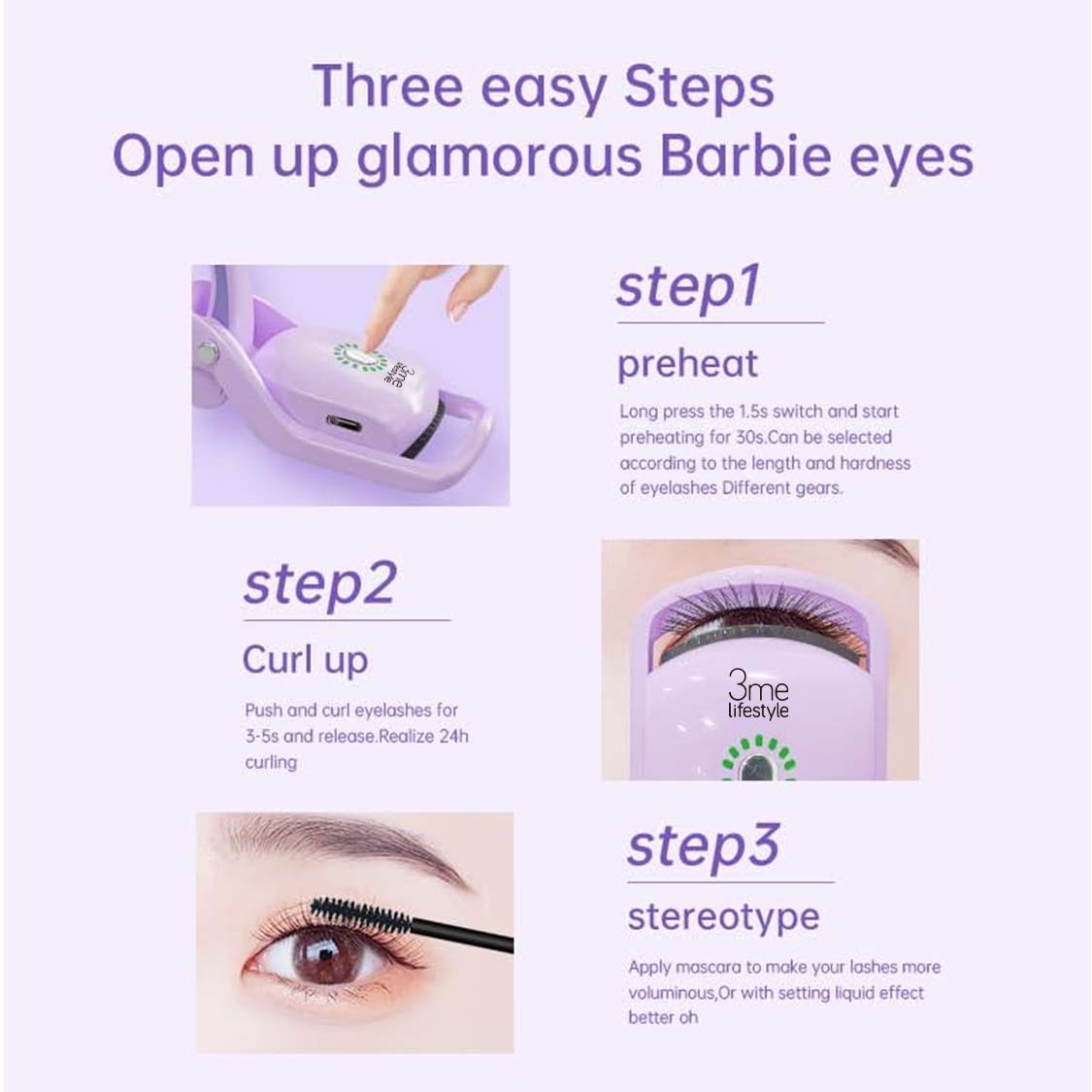 Heated Eyelash Curler with 3 Temperature Control. Heating Mode: The heated eyelash curler has a 3-position temperature control memory that automatically remembers the last position. Long press the switch for 1.5 seconds to turn on and preheat, the silicon