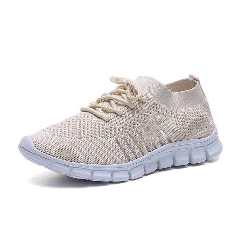 Flying Woven Mesh Women's Shoes Breathable Sneakers - Beige