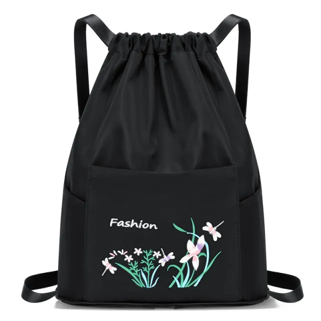 Lightweight Ladies Travel Bag Drawstring Embroidered Nylon Fabric Black - Shop at LoveMi