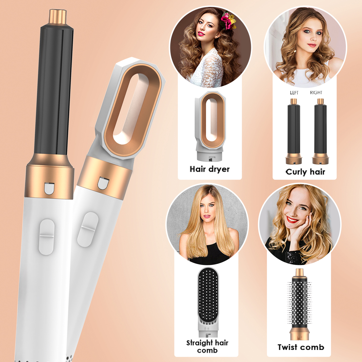 5-in-1 Hair Dryer Brush, White Gold. 5 IN 1 HAIR STYLER SET: The versatile stylers attach to the styling wand & hair dryer and give you the power to explore styles for any hair type. The 5 in 1 hair dryer brush set includes 1x hair dryer for fast drying, 