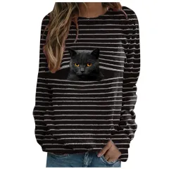 T-Shirt Women's Fashion Stripe Top With Long Sleeve - Yellow Eyed Cat - View 1