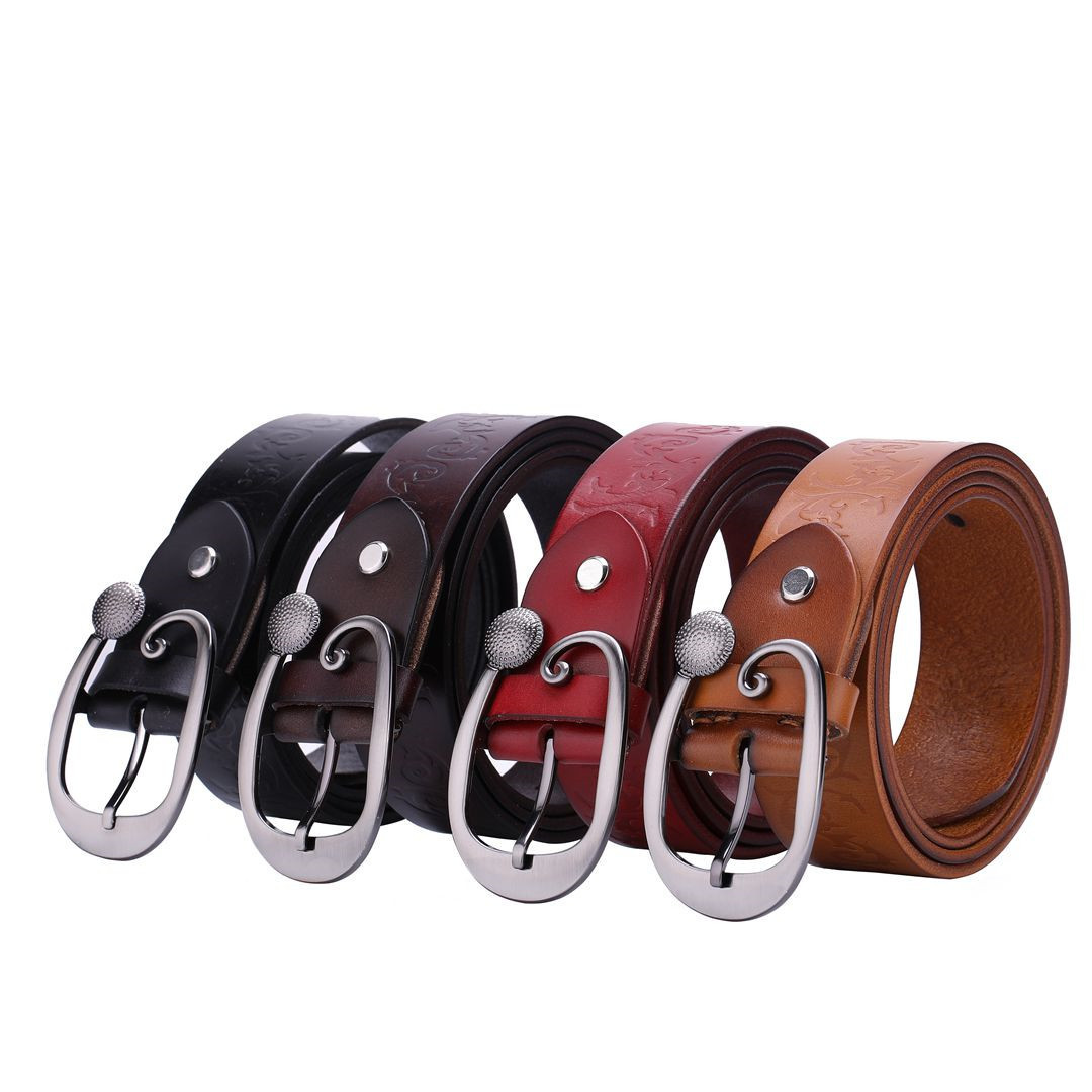 Ladies Leather Belt Head Layer Cowhide Embossed Decoration