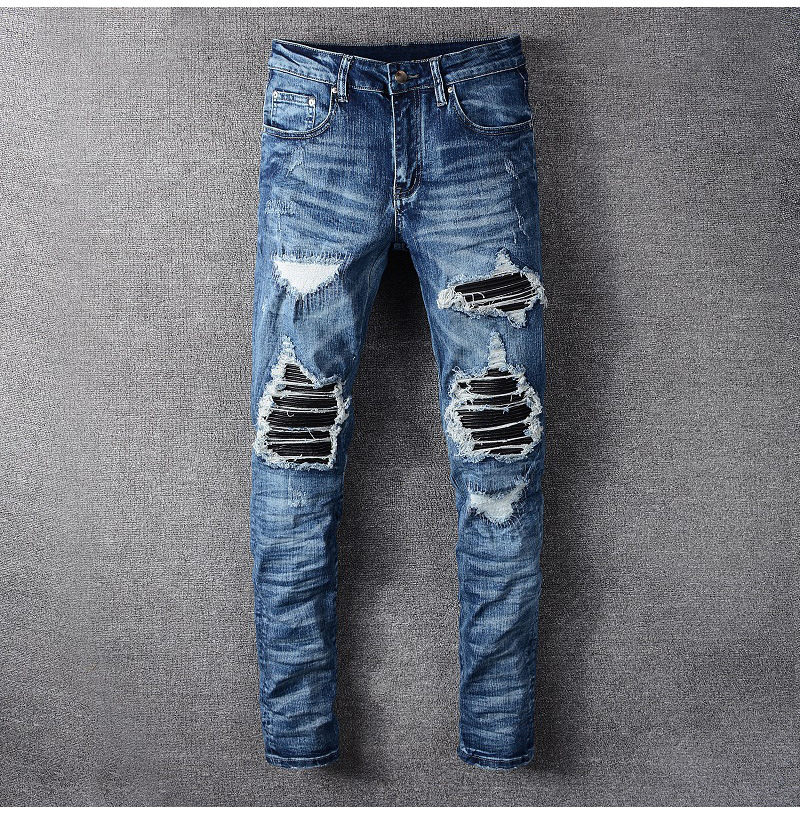 Title 2, Mens pleated jeans with knee PU leather patchw...