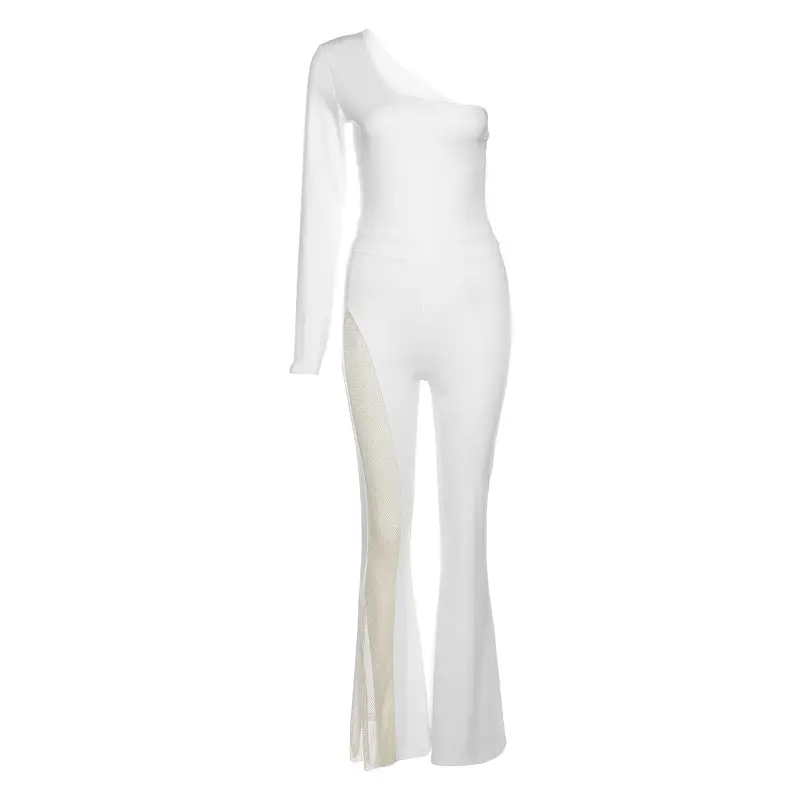 Autumn Women's Fashion One-shoulder Long-sleeved Mesh Jumpsuit
