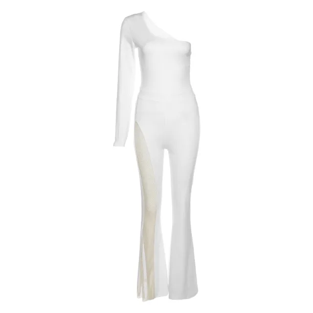 Autumn Women's Fashion One shoulder Long sleeved Mesh Jumpsuit White - Shop at LoveMi