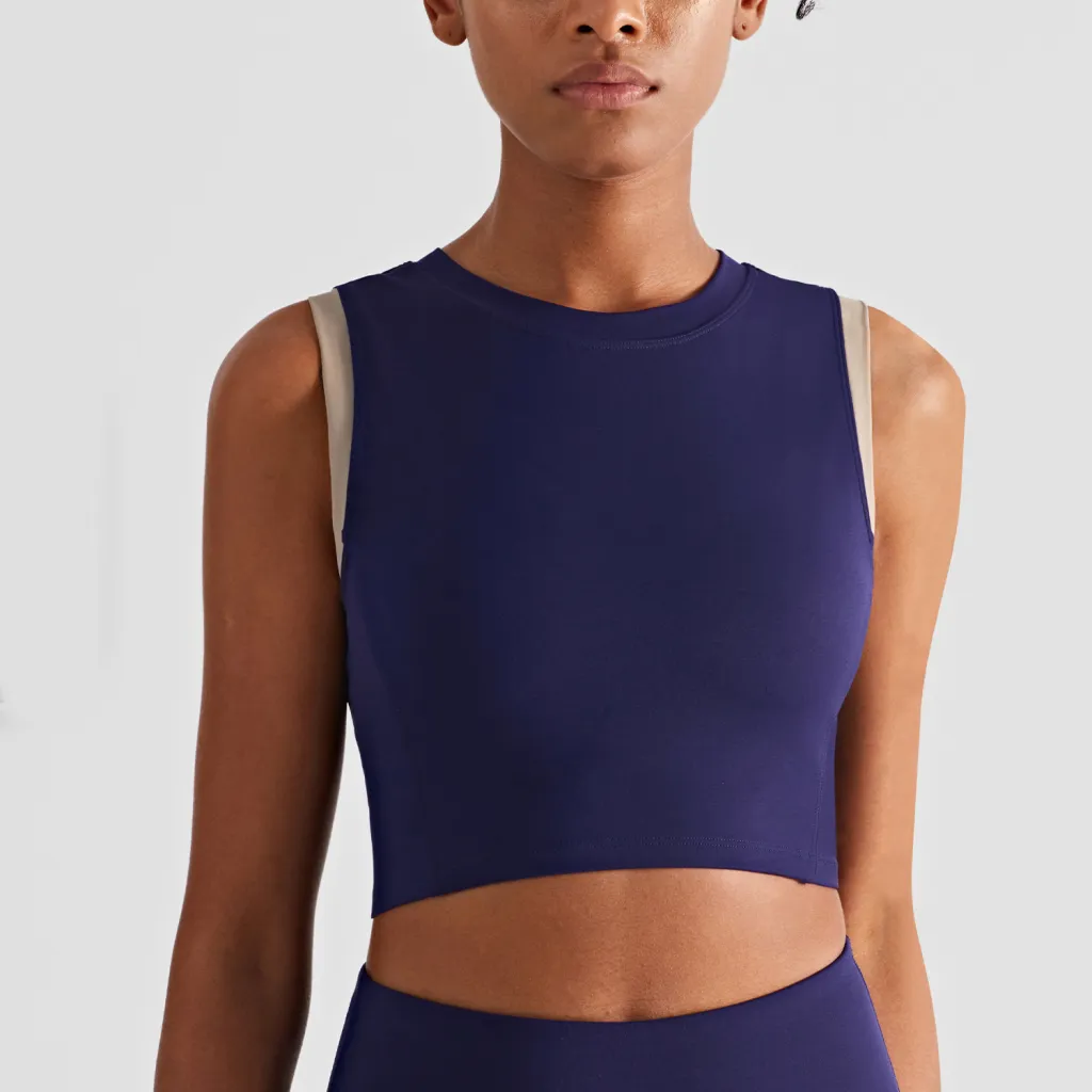 Women's Simple Nylon Color Block Yoga Vest - Dark Blue