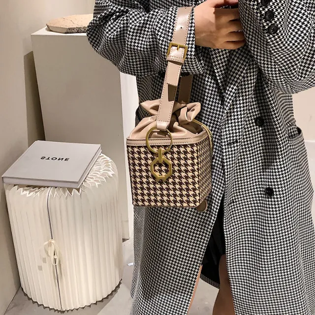 Houndstooth Western Style One Shoulder Small Bag Fashion Khaki - Shop at LoveMi