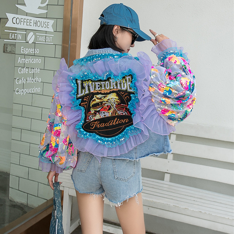 Women's New Sequined Three-dimensional Flower Denim Jacket