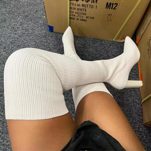 Over Knee Long Boots Pointed Toe High Heel Stretch Knitting Shoes Women Winter Boot White - Shop at LoveMi