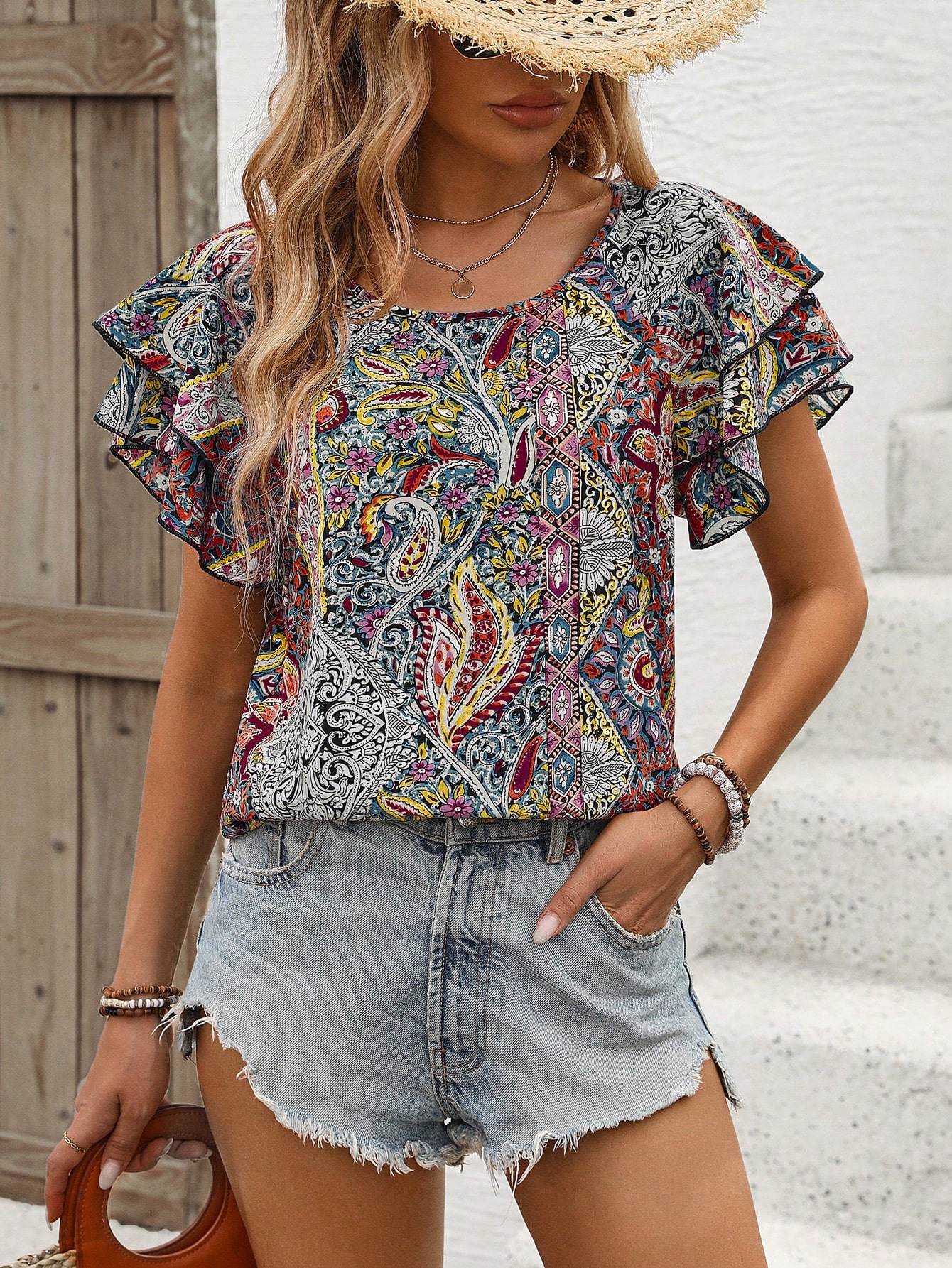 Women's Summer Hawaiian Style Ruffle Sleeve Paisley Print Casual Shirt