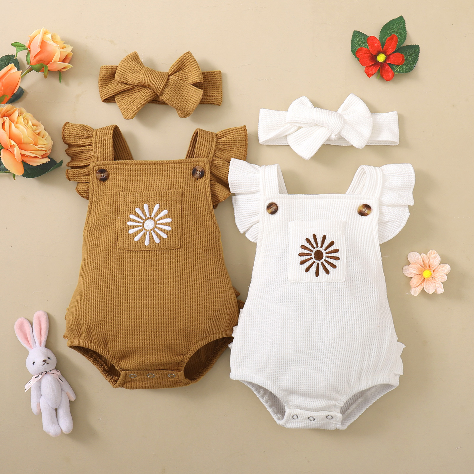Ins Popular Solid Color Rib Fabric Advanced Embroidery Rompers Jumpsuit — image 1