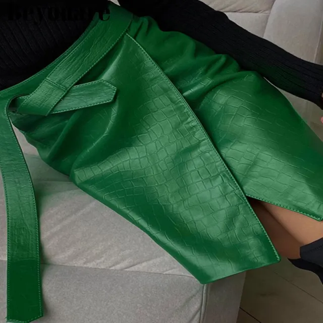 Beyouare Faux Leather Pattern A Line Skirt Women Green - Shop at LoveMi