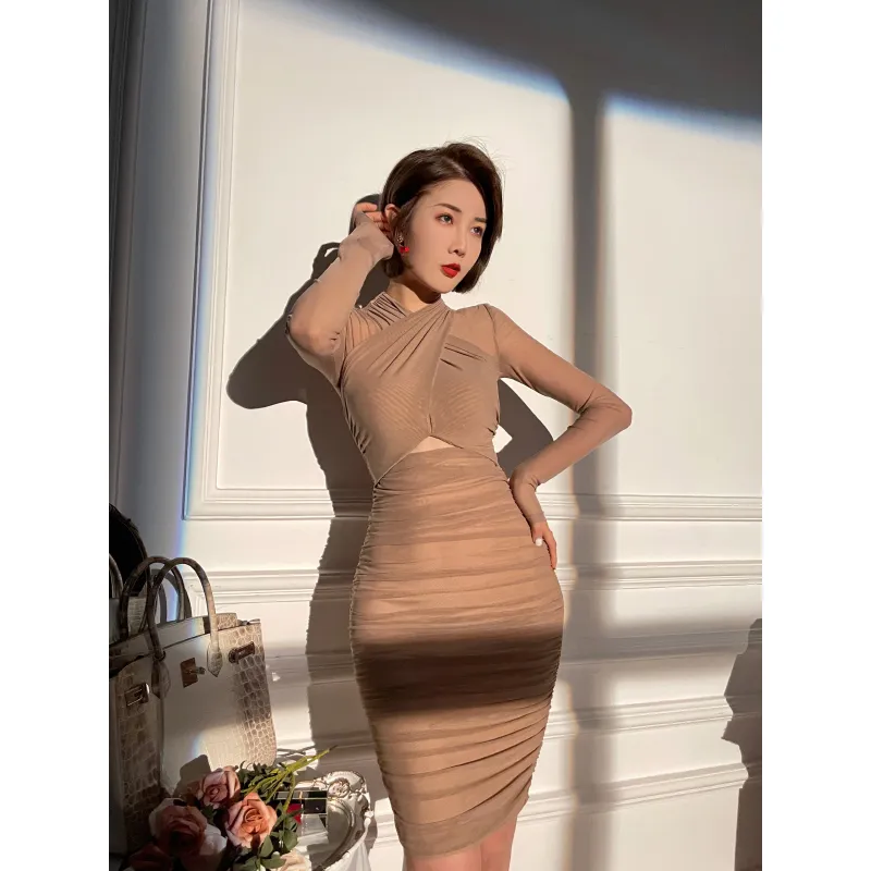 High Waist Pleated Wrapped Hip Long Sleeve Dress - Khaki