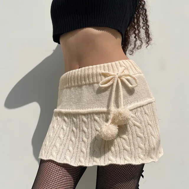 Women's Simple A line Wool Ball Knitted Skirt White - Shop at LoveMi