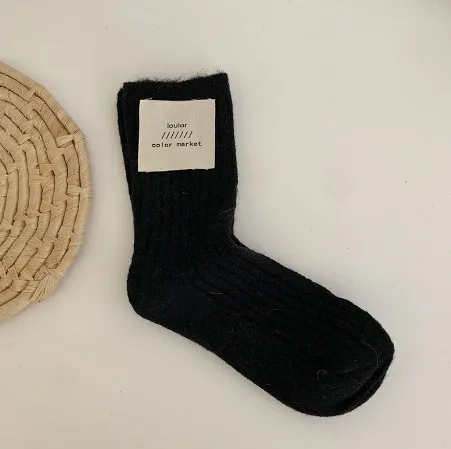 Winter Korean Style Mid Tube Pure Color Thickening Keep Warm Knit Socks Black - Shop at LoveMi