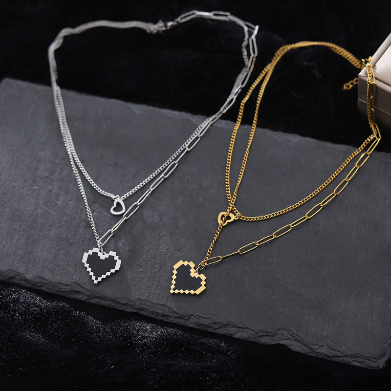 Sweet Cool Double Sweater Chain Heart Mosaic Necklace