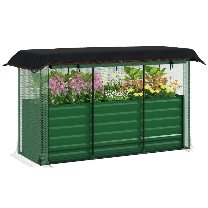 Outsunny Galvanized Steel Planter Box With Crop Cage And Shade Cloth, Raised Garden Bed For Flowers, Veggies And Herbs, Green