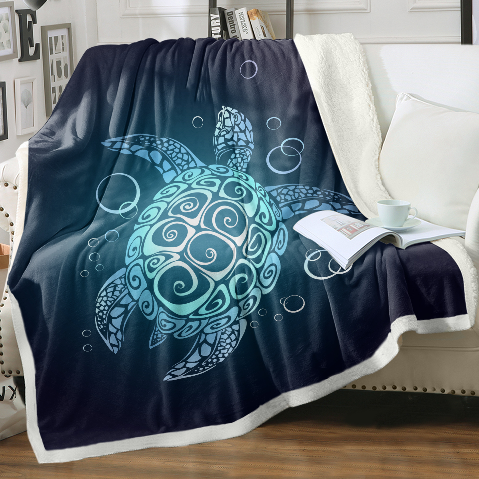 Sea Turtle Blanket Blue Sherpa Fleece Throw Blanket Ocean Plush Blankets Turtle Themed Sherpa Plush Throw Blanket