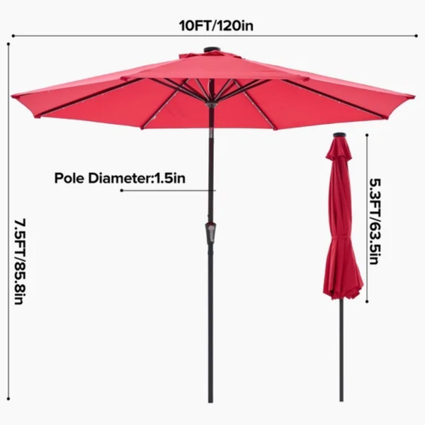 10 Ft Patio Umbrella For Table, Outdoor Sun Umbrella With 32 LED Solar Lights, Red — foto 6