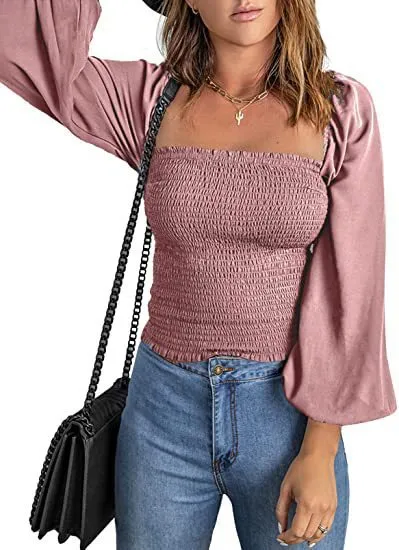 Square Neck Long Sleeve Waist Thin Lantern Sleeve Casual Top Women's Pullover Pink - Shop at LoveMi