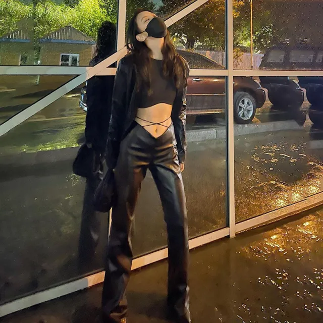 Slim PU Leather Casual Pants With High Waist Straight Leg And Wide Leg Strap Black - Shop at LoveMi