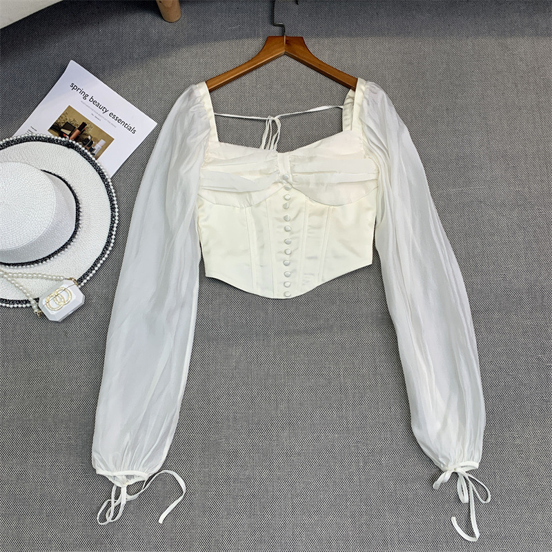 Square Neck Long Puff Sleeve Shirt Thin French