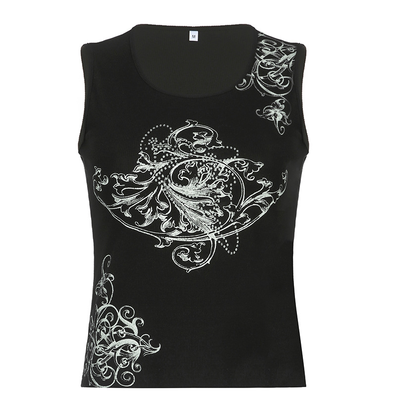 Fashion Hot Silver Print Threaded Sports Tank Vest Slim Top Black - Shop at LoveMi
