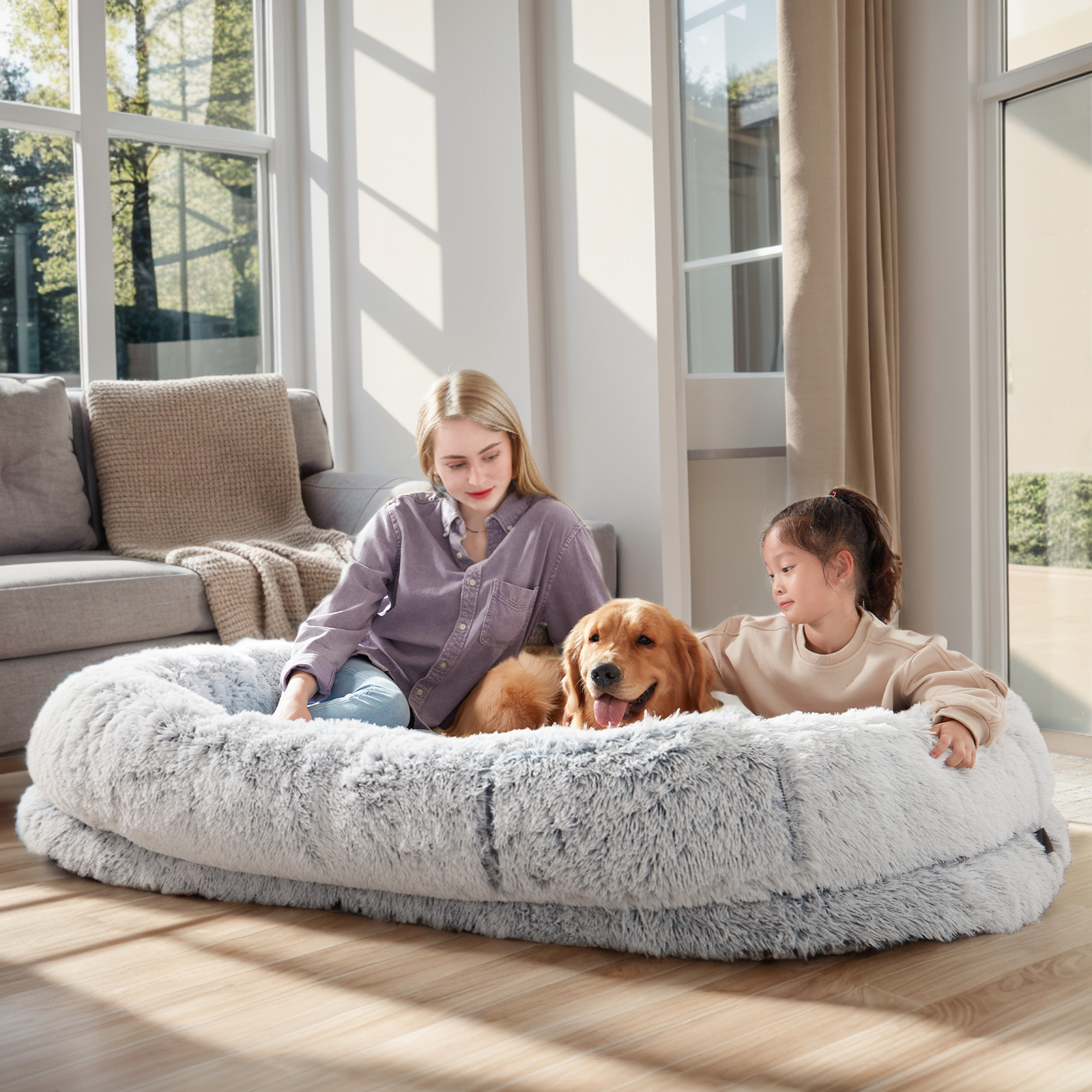 Human Dog Bed - 63 In X 31.4 In X 9.5 In Washable Faux Fur Lounger For Adults & Pets, Cushion With Orthopedic Support, Includes Pillow & Blanket